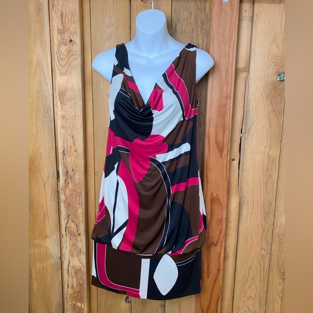 Bisou Bisou Geometric Abstract Lined Banded Hem Mini Dress Size 6